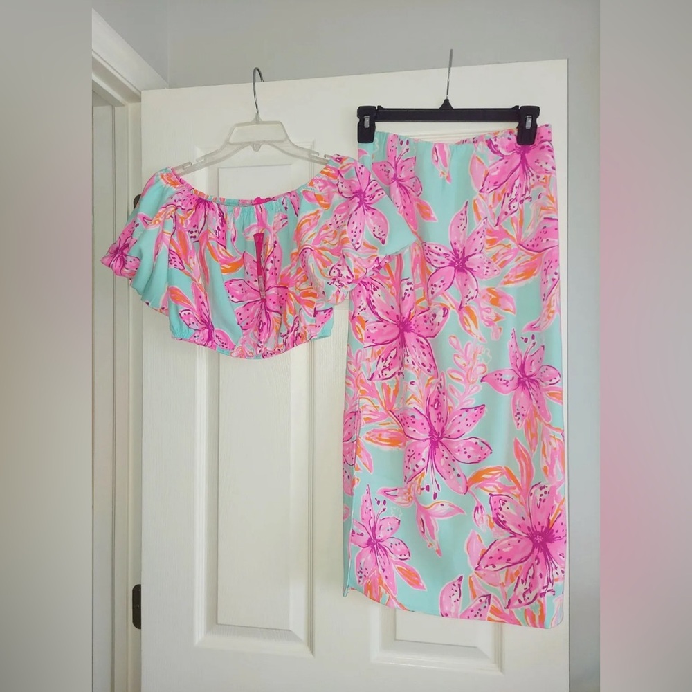 Lilly Pulitzer Esmeray Crop Top & Midi Skirt Set Surf Blue Bonita Blooms Resort - Picture 16 of 16